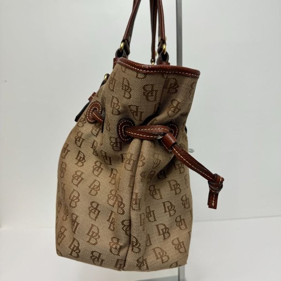 Dooney & Bourke Jacquard Logo Canvas & Leather Cinch Top Snap Close Tote Brown - Picture 4 of 7